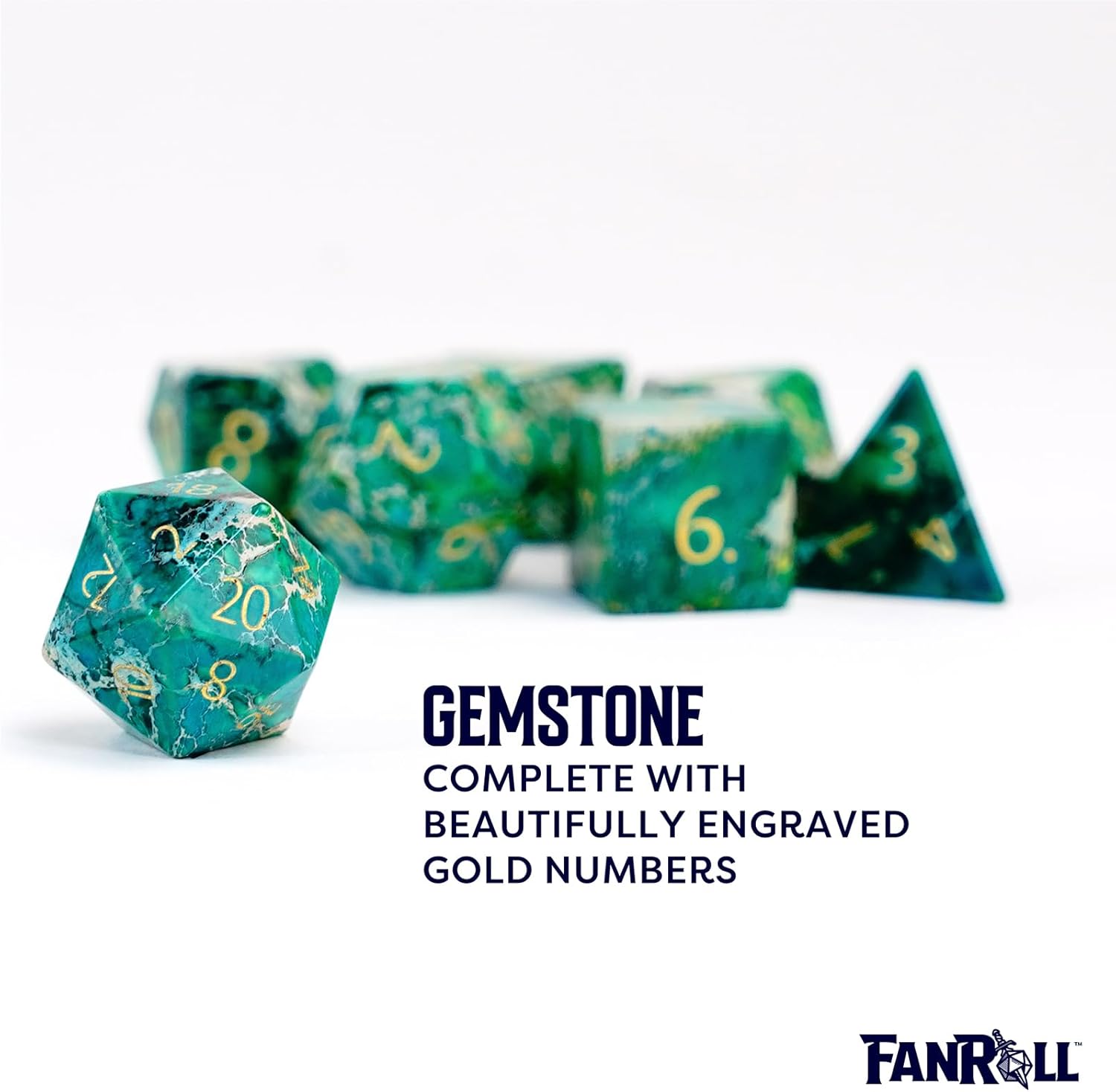 FanRoll 16mm Stone Poly DND Dice Set: Engraved Imperial Stone: Green, Role Playing Game Dice for Dungeons and Dragons