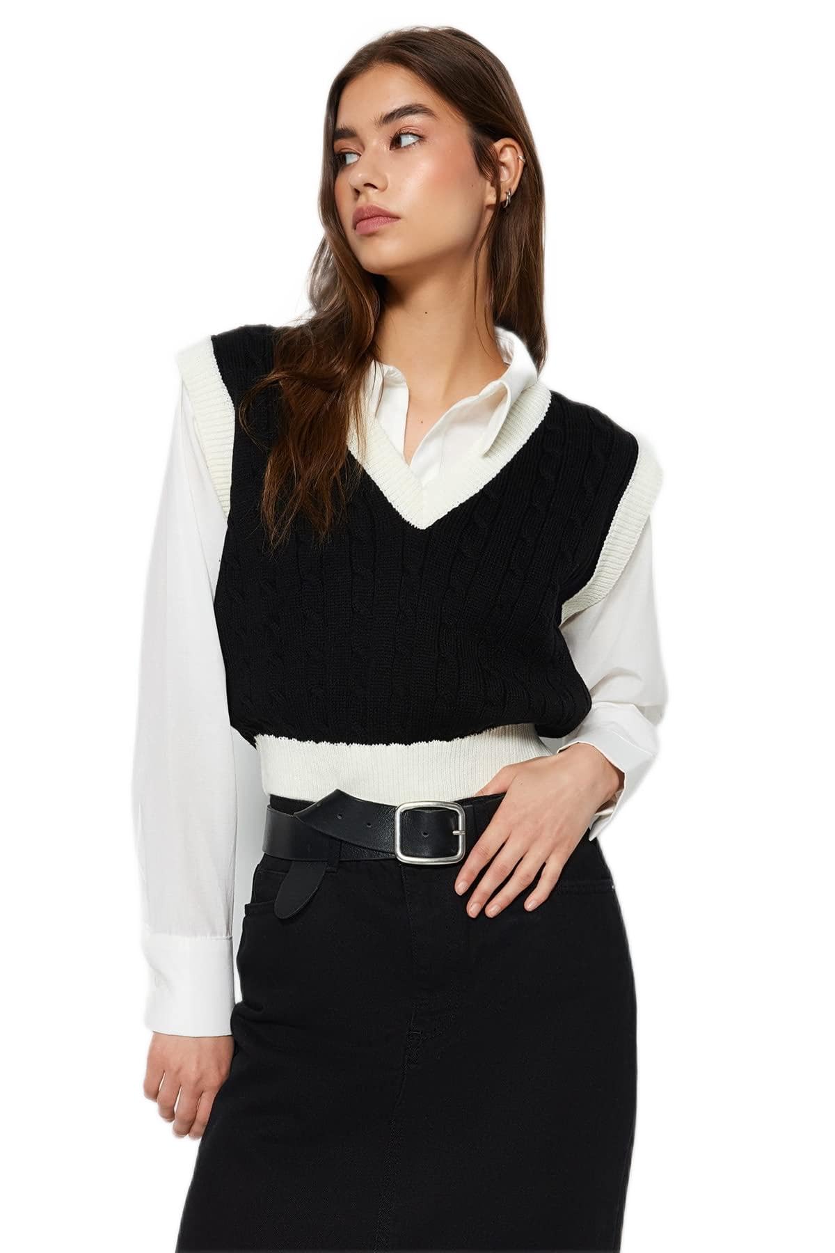 Trendyol Damen Schwarz Haarzopf Null-Ärmel Regulär Pullover Klein