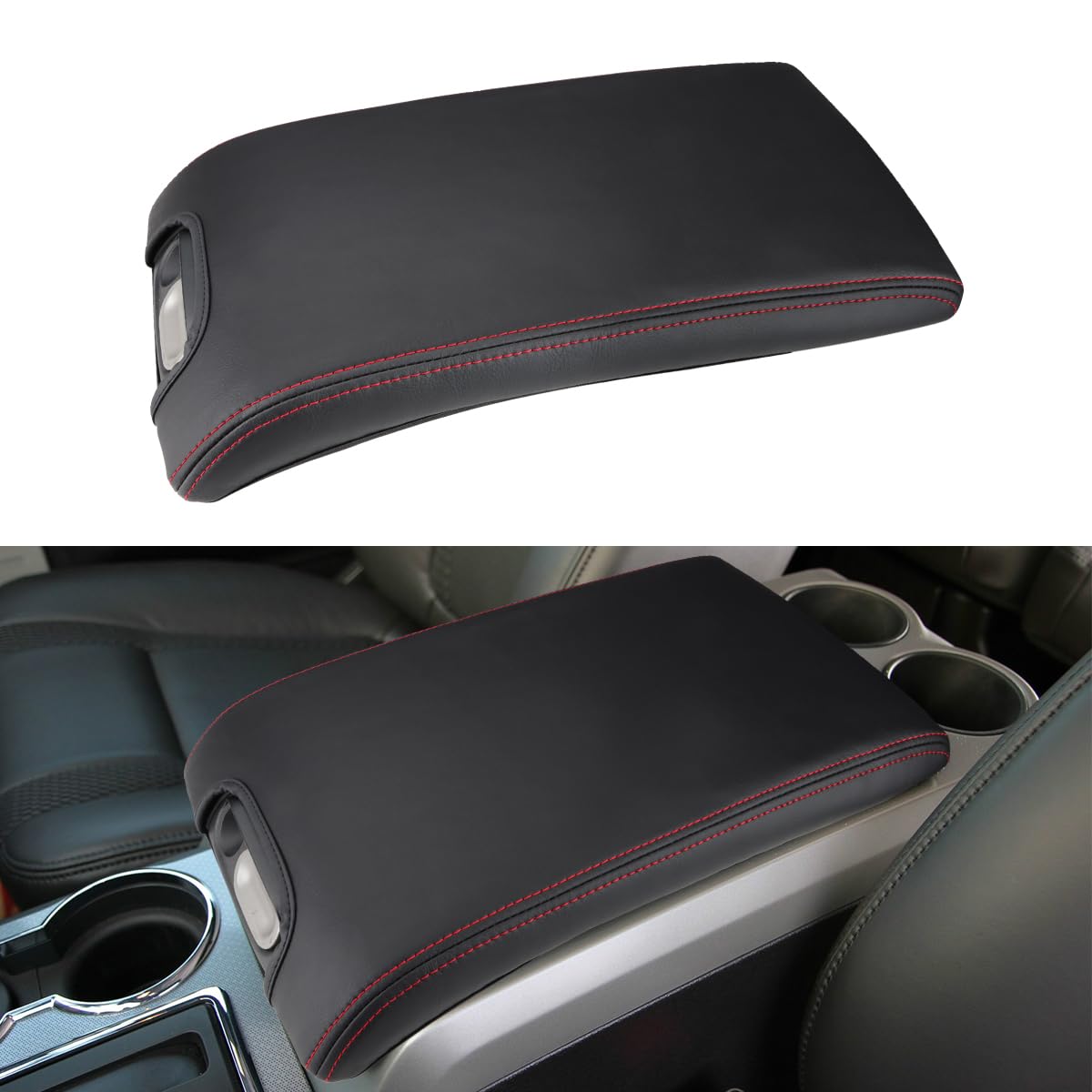 INTGET Center Console Armrest Cover for Ford F150 Accessories 2009 2010 2011 2012 2013 2014 Car Middle Lid Seat Cover Protector (Red Stitches, 2009-2014)