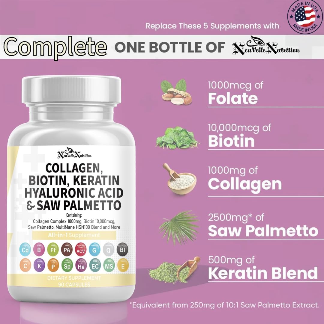 16 in 1 Collagen Supplement - Peptides Types I,II,III & V with Biotin, Keratin, Hyaluronic Acid, Saw Palmetto, Vitamins C & E, Apple Cider Vinegar & PABA - Nail Skin & Hair Health Support Capsules