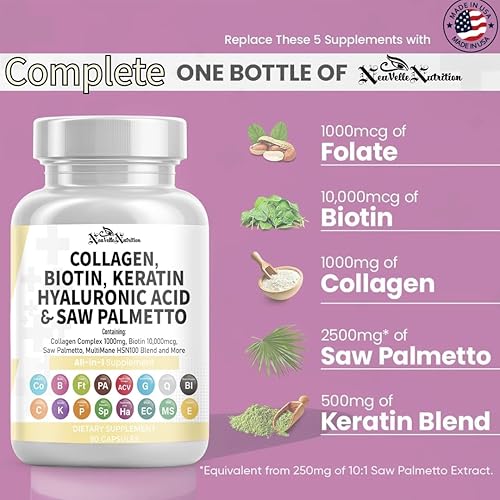 Miniatura 5 de Pastillas de colágeno 16 en 1, péptidos tipo I, II, III y V con biotina, queratina, ácido hialurónico, palma enana americana, vitaminas C y E,