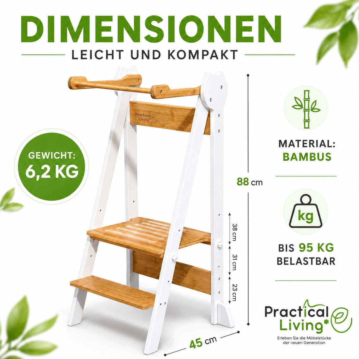 Lernturm Montessori aus Bambus, Klappbar, Tritthocker, Schemel für Kinder | Platzsparend, Höhenverstellbar, Kippschutz & Anti-Rutsch-Trittfläche, Für Kinder ab 1 Jahr