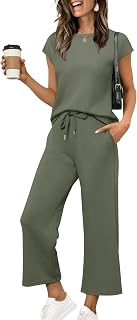 Sampeel Womens Sets Two Piece Vacation Outfits Travel Summer Beach Clothes Cozy Lounge Matching Sets Women Clothing Wide Leg Crop Pants S