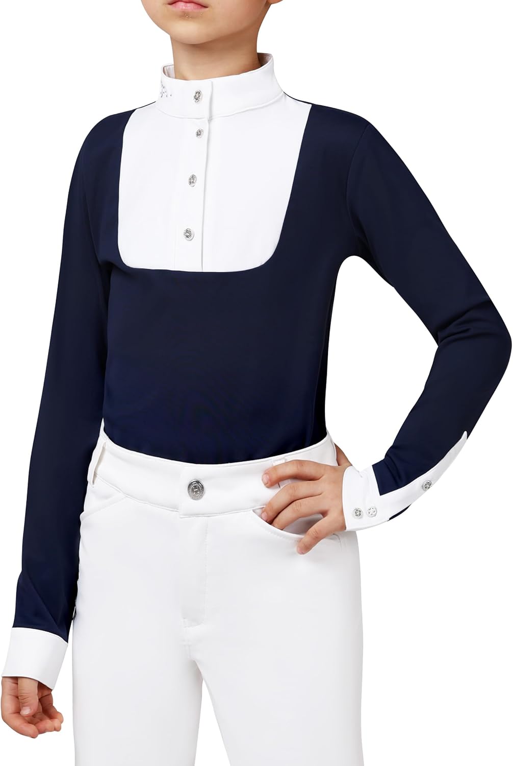 Girls Equestrian Show Shirt for Kids, Horse Riding Competition Shirt, White Stand Collar (XS–L)