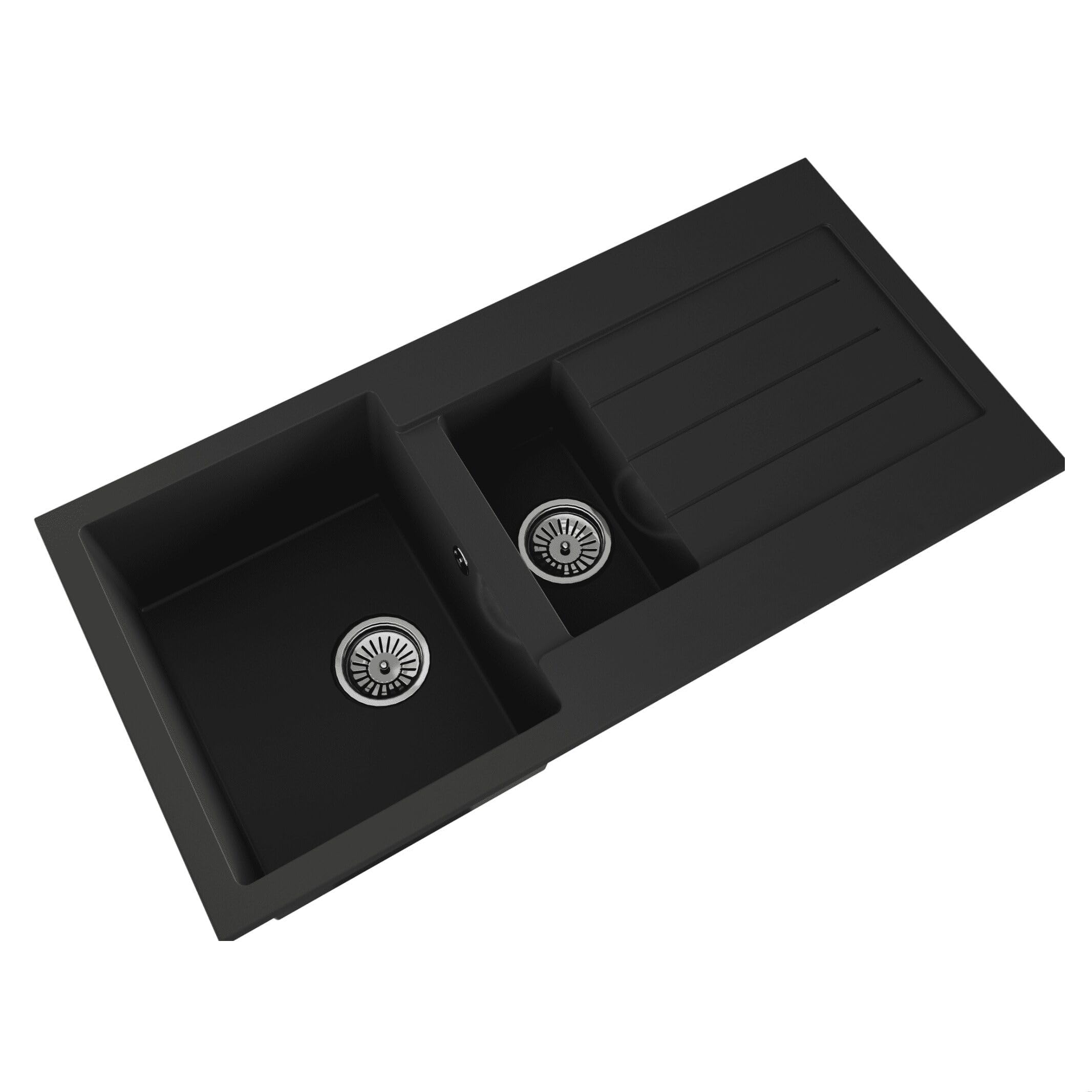 Balterley Composite Kitchen Sink with Drainer & Overflow Hole, 100cm Bowl Inset Black Kitchen Sink, 1.5 Double Bowl Reversible Sinks with Grooved Drainer - 1000 x 500 x 200mm (Dark Grey)