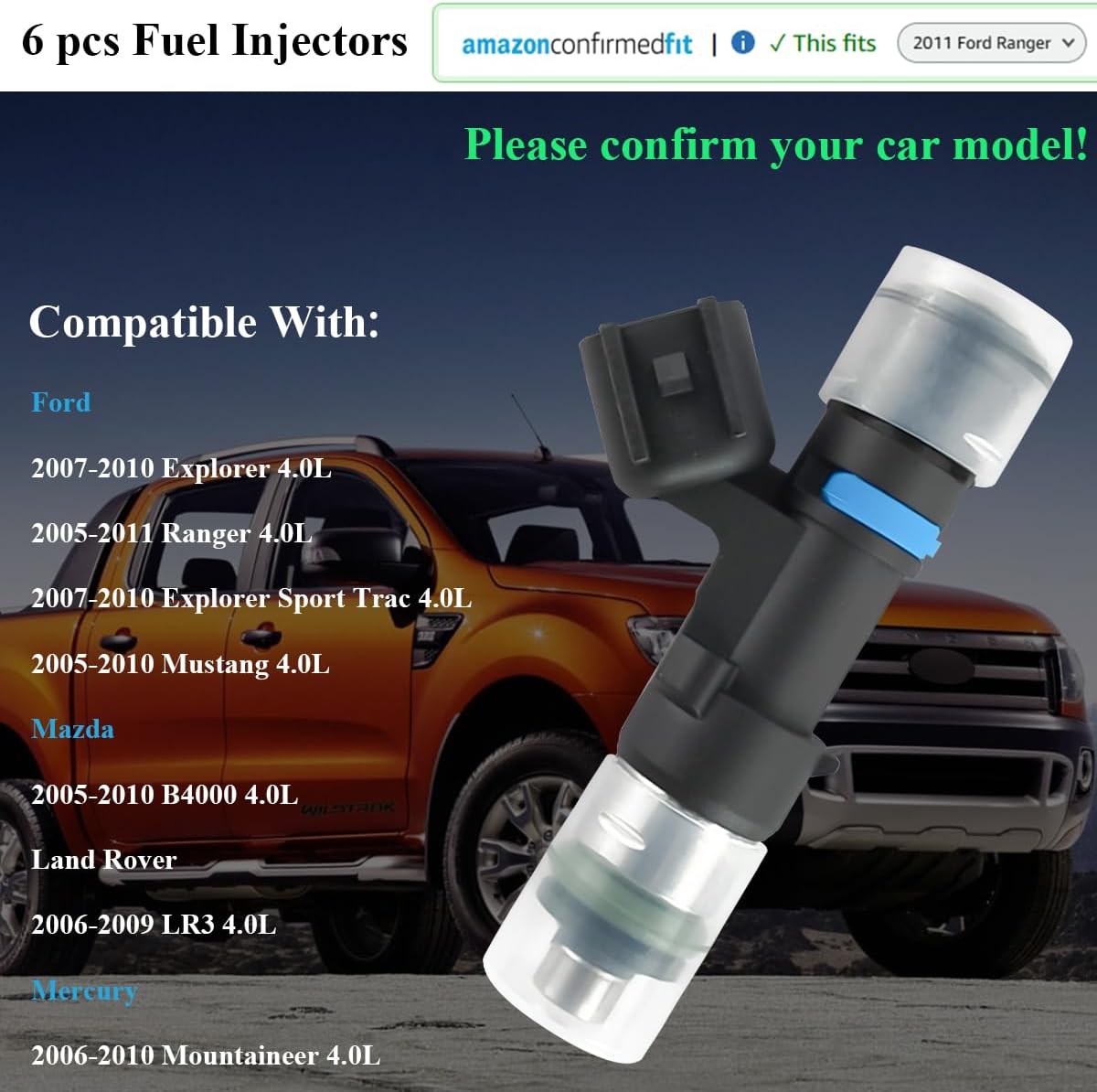 Engine Fuel Injector Kits FJ818 Fit for Ford 2007-2010 Explorer 2005-2011 Ranger, for Mazda 2005-2010 B4000 Land Rover 2006-2009 LR3 Set of 6 Fuel Injectors Replace OE # 5L2Z9F593CA