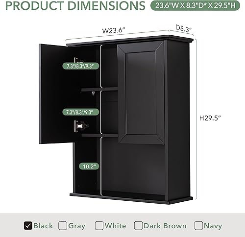 Miniatura 2 de OONNEE Armario de pared para baño, gabinete de madera negro montado en la pared, armario de baño con 2 puertas y estante ajustable, bisagra suave