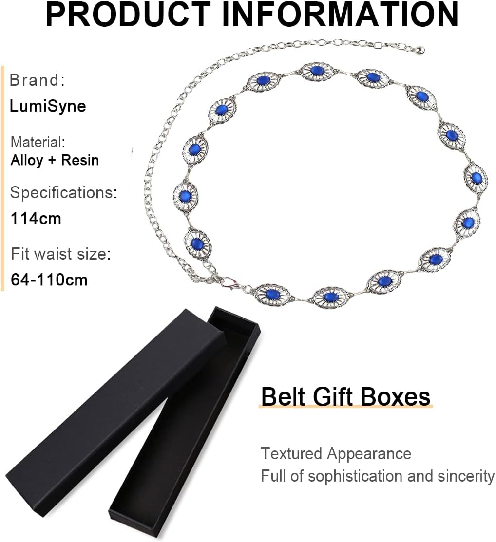 LumiSyne Women Turquoise Chain Belt Concho Chain Belt Retro Western Metal Belt Adjustable Body Chain Waist Chain Dress Jeans
