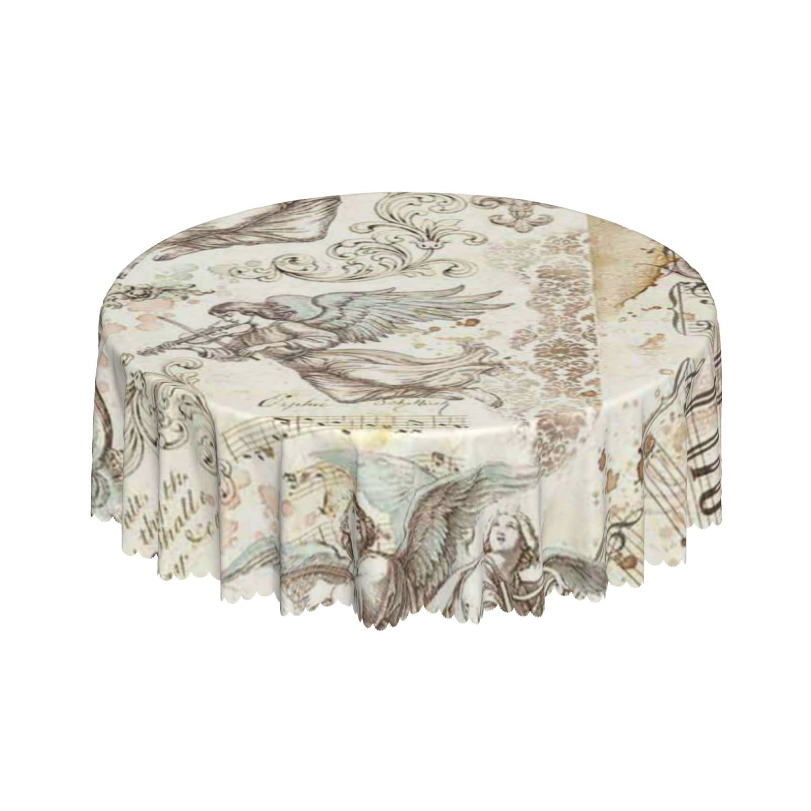 Lsjuee Vintage Angel Music Romance Floral Round Tablecloth 60 Inch Printed Washable Tablecloth for Dining Party Holiday Fall Home Decorative