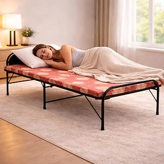 NATTNAK Single Folding Bed with Mattress 3x6 ft, Heavy Duty Metal Frame Foldable Cot, Portable Guest Bed, Space Saving Ext...