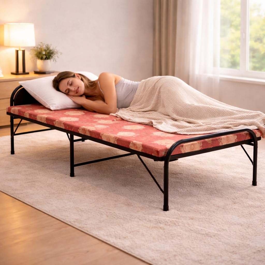 NATTNAK Single Folding Bed with Mattress 3x6 ft, Heavy Duty Metal Frame Foldable Cot, Portable Guest Bed, Space Saving Extra Bed, No Assembly Required-image-33