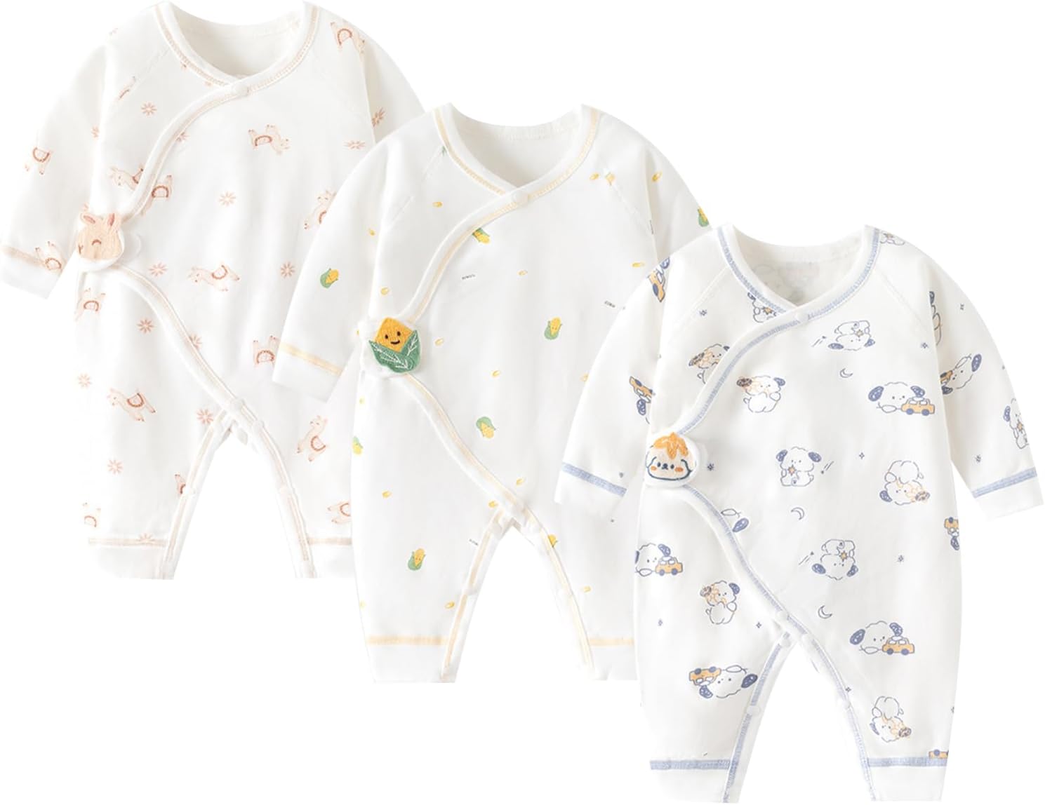 Newborn Baby Romper - Unisex Cotton Bodysuit for Infant Baby Boys Girls 3 Pack Long Sleeve Button Solid Jumpsuits(Apricot + Green + Blue,1-3 months)