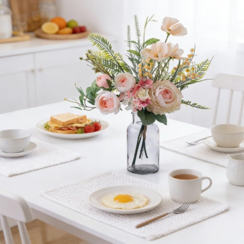 Fiori artificiali, decorazioni per matrimoni, decorazioni per la casa, rose finte, composizione floreale, pianta realistica in tessuto per centrotavola da tavolo, ufficio, 44 cm, bianco e