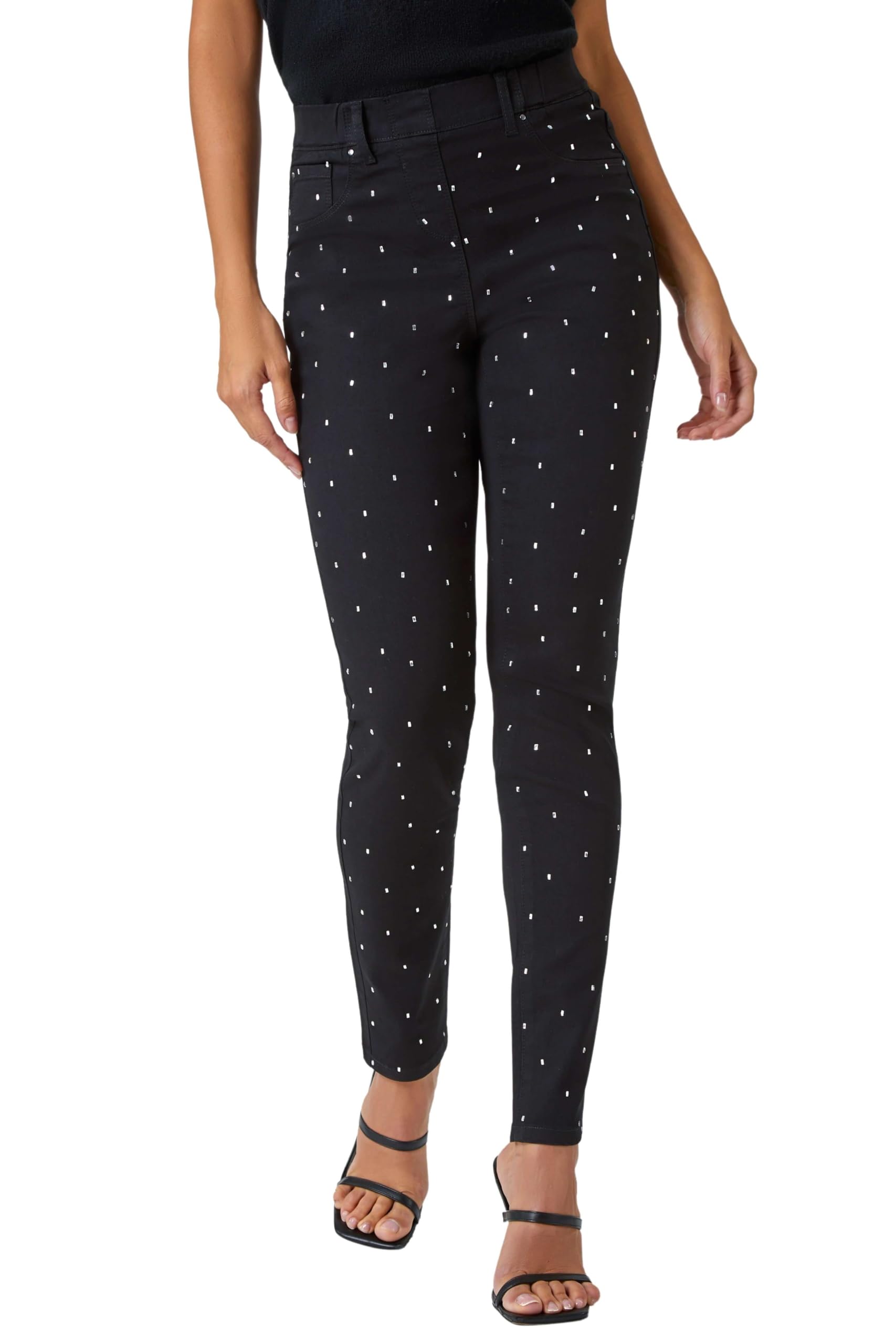 Roman Originals Women's Sparkly Black (31 In) Jeggings For Uk Jean Stretchy Trousers Denim Leggings High Waist Rise Pull On Skinny Straight Leg Cotton Pants Smart Casual - Size 10