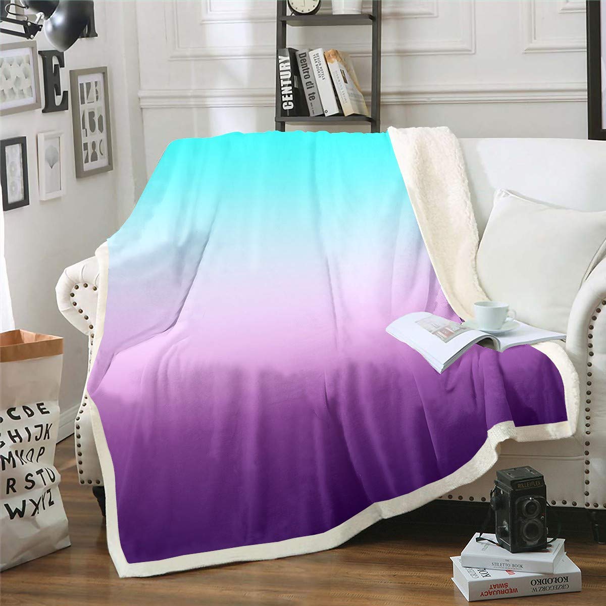 Couverture Sherpa douce dégradé violet bleu sarcelle pour cocooning salon