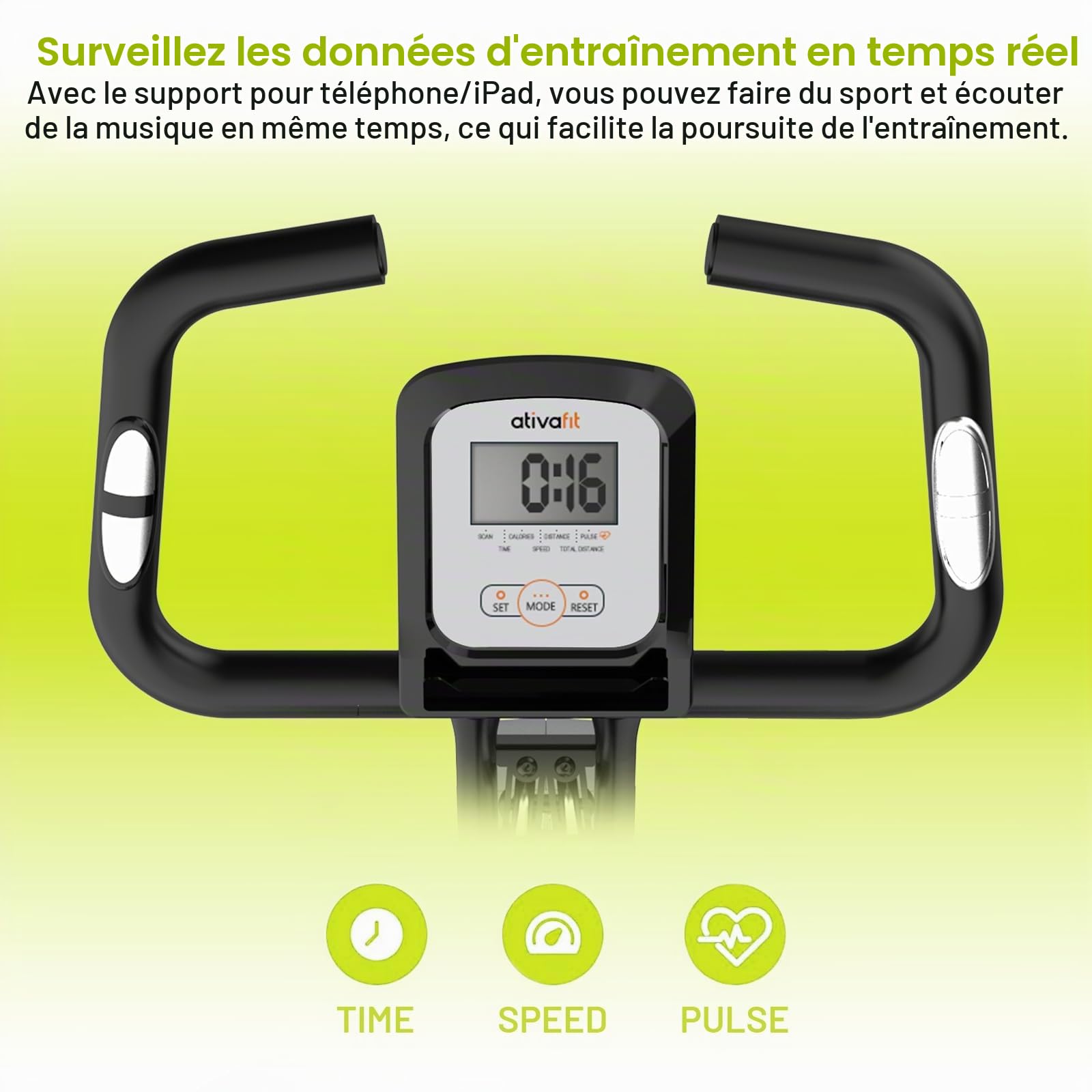 ATIVAFIT Vélo d'Appartement Pliable Vélo d'Entraînement avec Ecran ACL à Capteur de Pouls Manuel, Sièges et Poignées Confortable