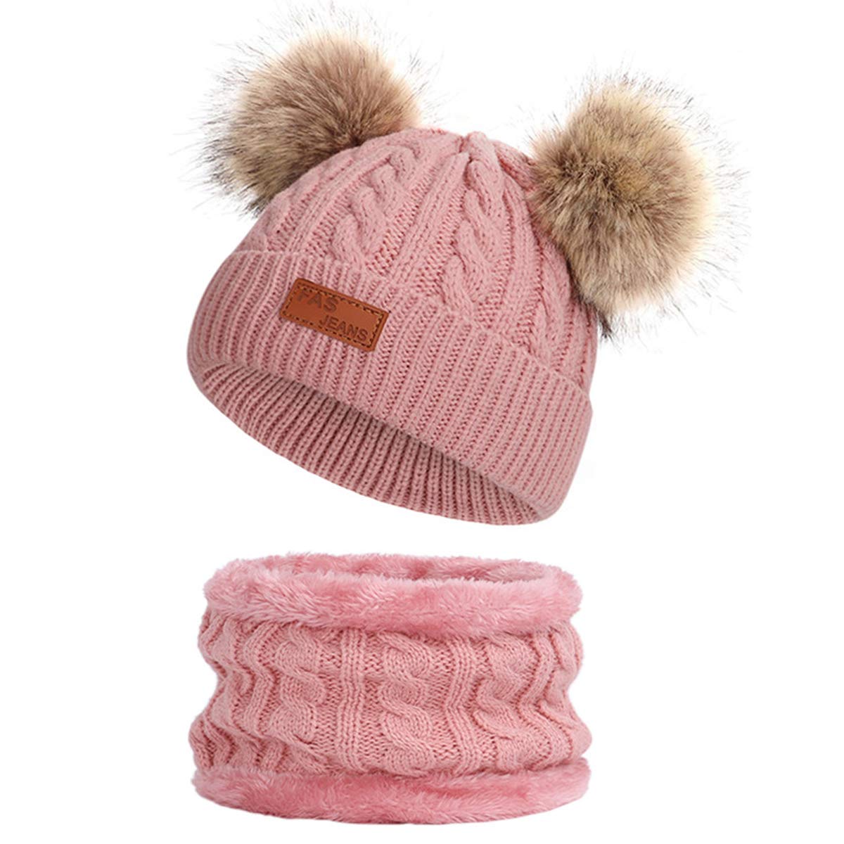 Simoda Unisex Kids Dark Pink Children's Winter Hat Scarf Set Knitted Warm Skiing Beanie Cap With Lovely Pompom (Dark Pink)
