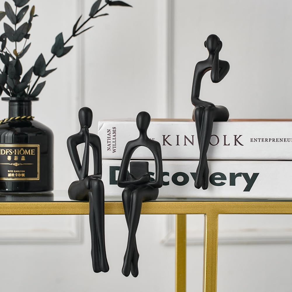 Estatuas de pensador negro, decoración del hogar para sala de estar, 3 piezas de decoración de estantes, esculturas de arte abstracto estéticas modernas para mesa de café, TV, armario, escritorio,