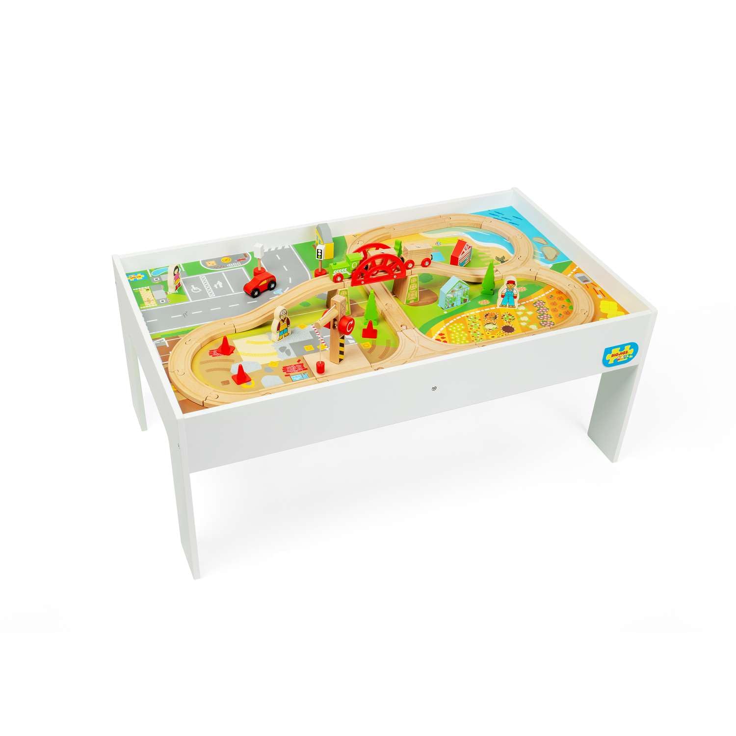 Bigjigs Rail - Zestaw pociągu i stół – 50 elementów do zabawy, drewniany stół do aktywności z plażą, polem rolniczym, placem budowy i od strony ulicy, pociągami dziecięcymi i zestawami kolejowymi,