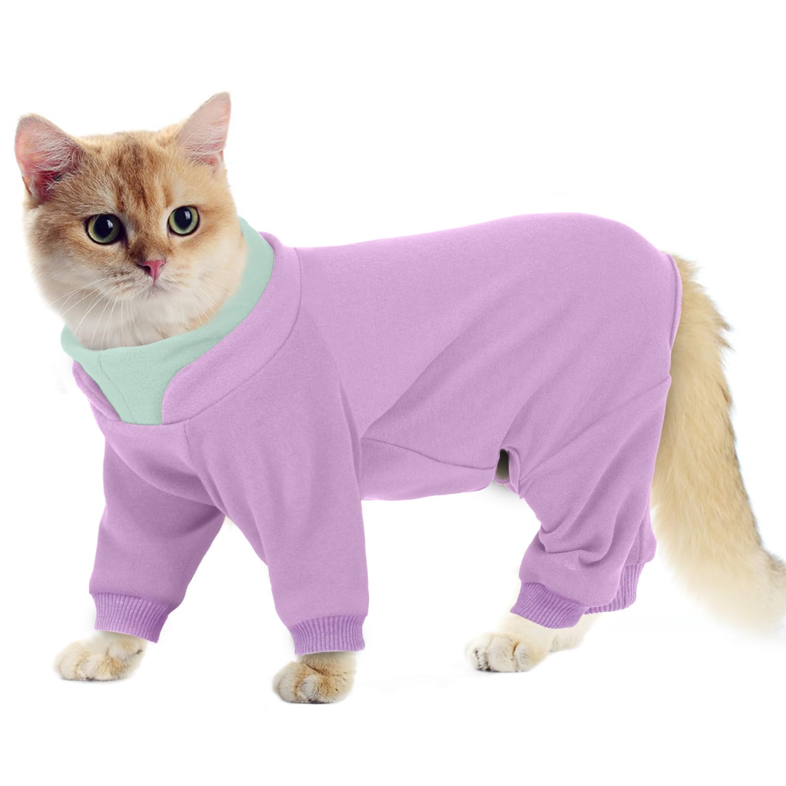 Hjumarayan Cat Recovery Suit, Cats Overgrooming Suit with Legs, Cat Onesie Sticky Hair Suit Post Surgery, Full Coverage Warm Fleece Dress to Stop Licking, Purple XS — image 1