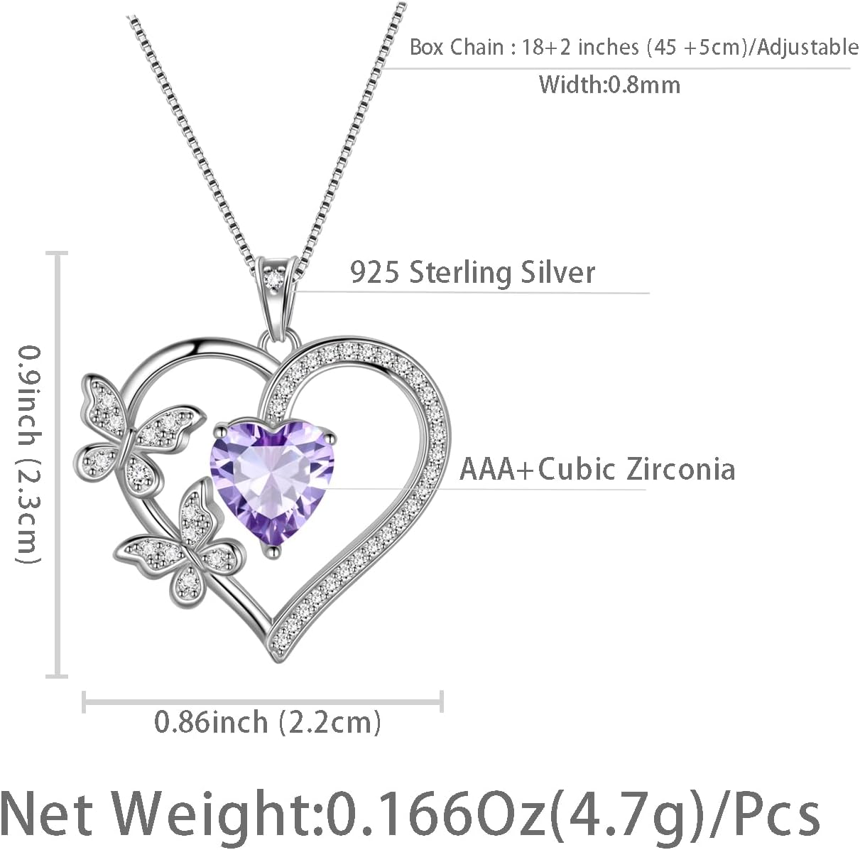 Aurora Tears Heart Butterfly Pendant Necklace - 925 Sterling Silver Birthstone Heart Crystal Necklace Gifts for Women Jewelry Mothers Day Valentines Birthday Gifts for Girls - Image 4
