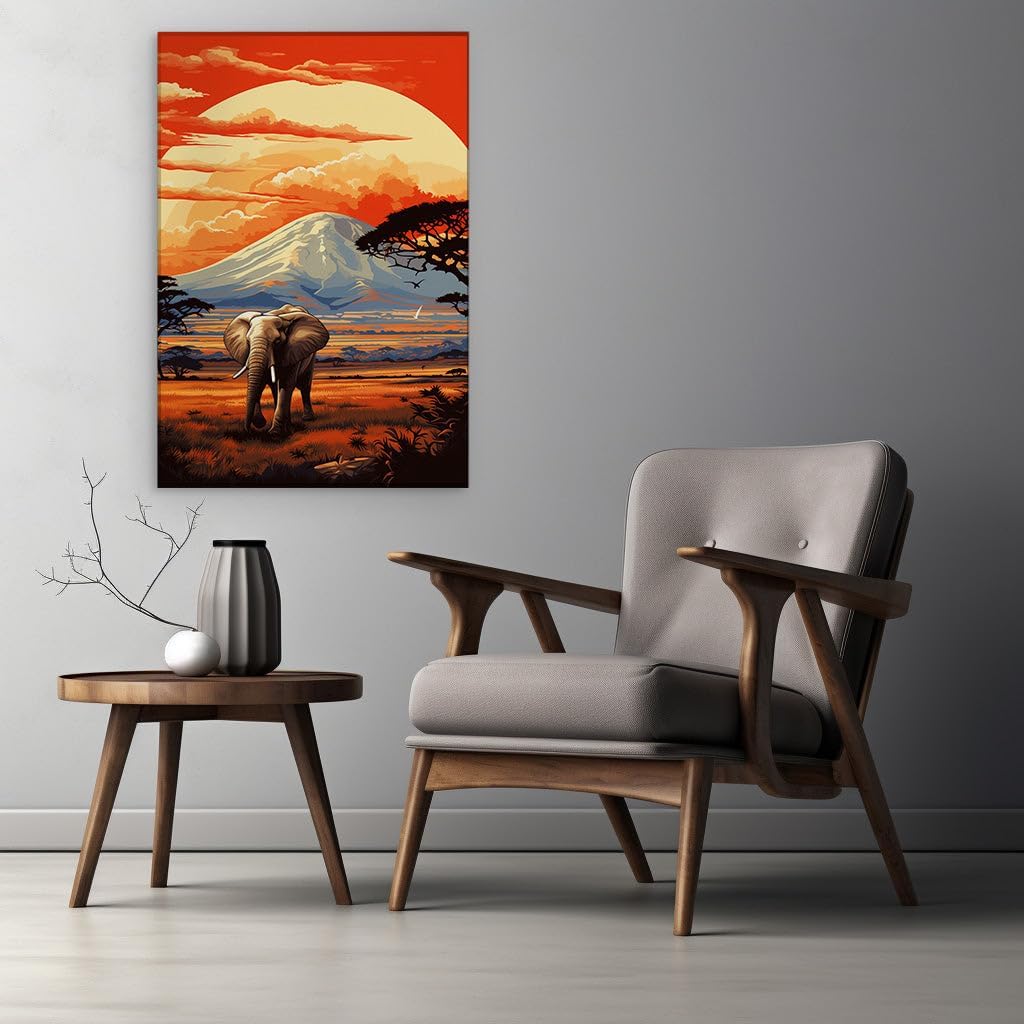 Canvas for Living room. Sunset Majesty: An Elephant's Silhouette Against the African Savanna, 27 x 18 inch Canvas Wall Art - Beach Sunsets And Sunrises - Nature Home Decor - 69x46 cm (27x18 inch)