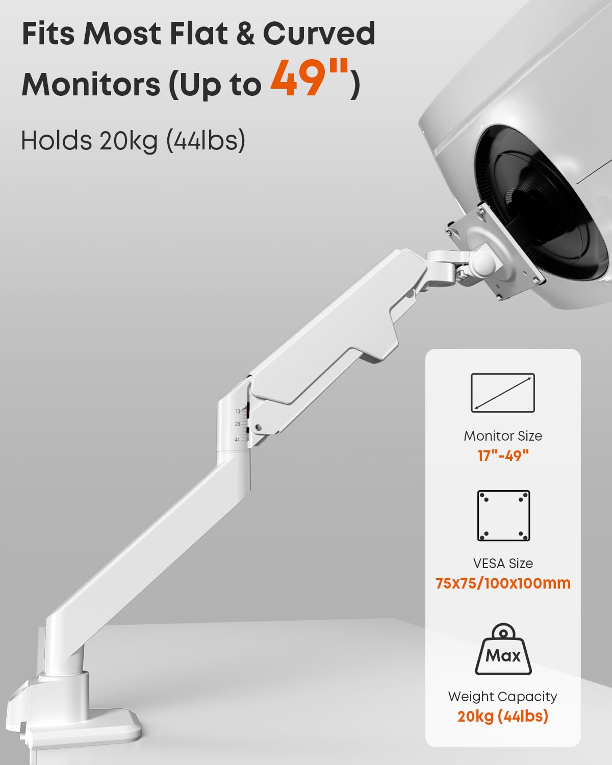 Supporto per monitor piatto e curvo da 17 – 49 pollici, robusto supporto per monitor a molla a gas regolabile in altezza con inclinazioni, maggiore capacità di carico di 2 – 20 kg,VESA White