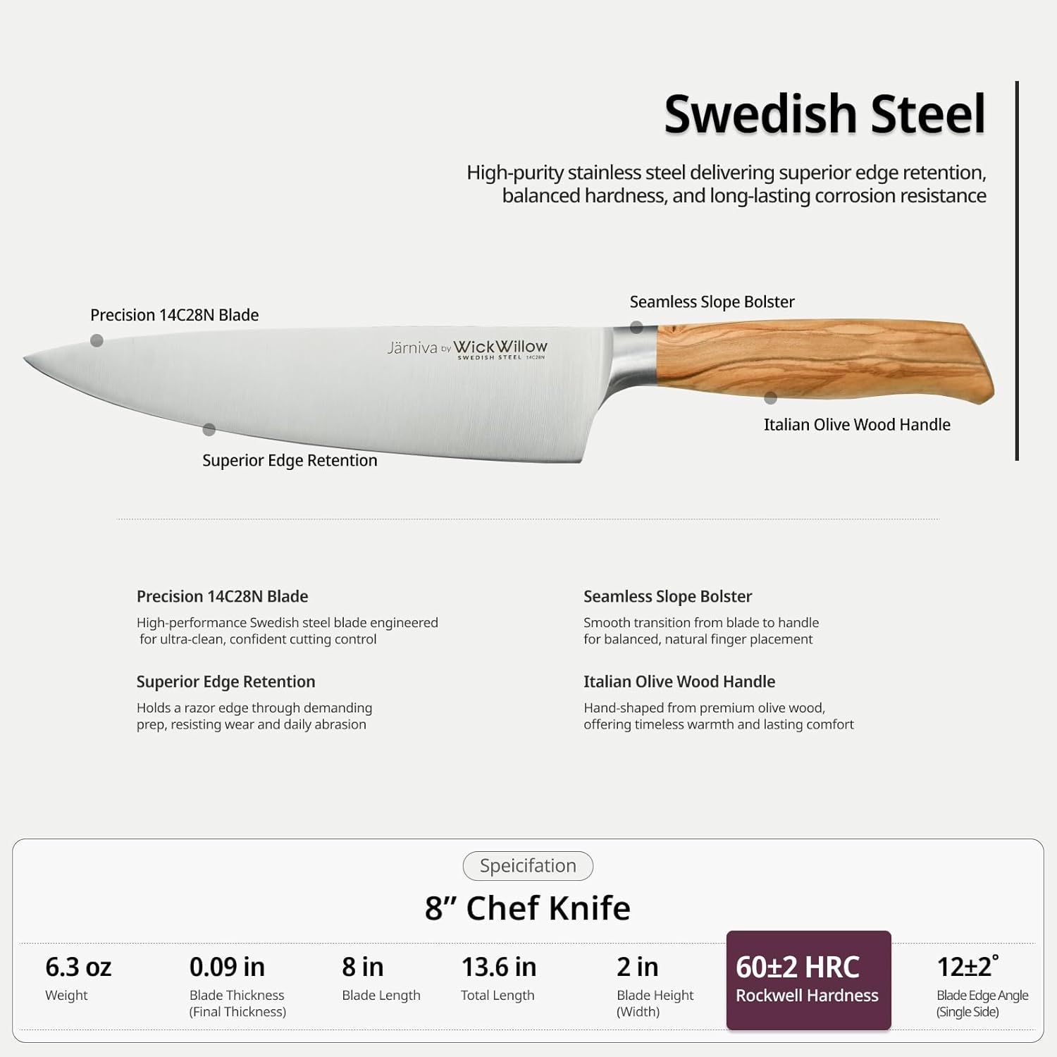8 Inch Chef Knife – Razor Sharp Swedish Steel Kitchen Knife with Italian Olive Wood Handle – Premium Cutting Knife for Meat, Vegetables & Prep – Gift for Home Cooks & Chefs - Image 2