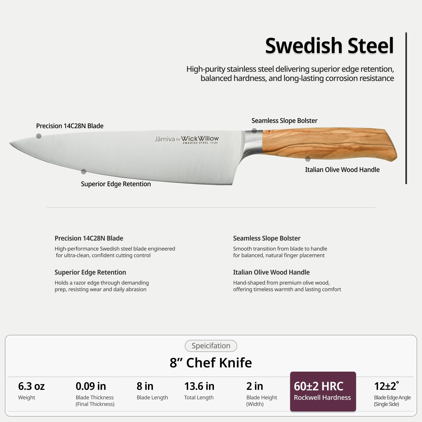 WICKWILLOW 8” Chef Knife – Swedish Steel, Professional, Olive Wood — Amazon image 5
