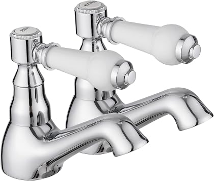 JASSFERRY Pair of Basin Taps Hot and Cold Water Bathroom Sink Tap White Ceramic Handle 1/4 Turn Lever 1/2" Faucet, Chrome Set of 2