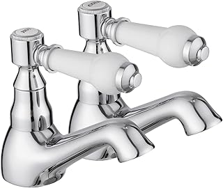 JASSFERRY Pair of Basin Taps Hot and Cold Water Bathroom Sink Tap White Ceramic Handle 1/4 Turn Lever 1/2\" Faucet, Chrome Set of 2