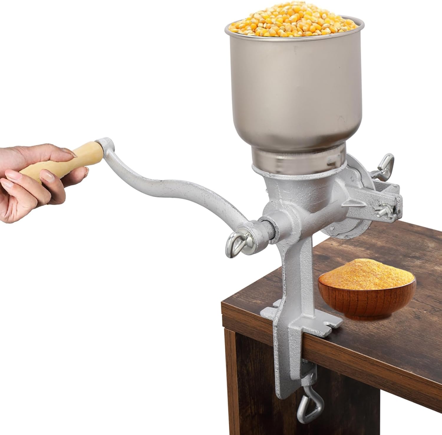 High Hopper Manual Coffee Grinder Grain Mill, Hand Crank Mill for Corn, Barley, Wheat, Beans, Spices, Adjustable Coarseness Settings, Hand Grinder with Large Hopper, Molino Para Moler Maiz, Silver
