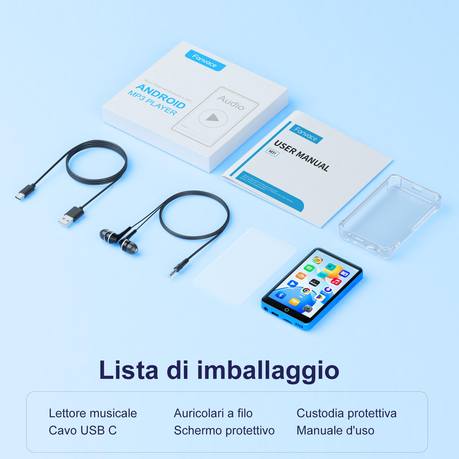Lettore MP3 da 16 GB con Bluetooth e Wi-Fi, lettore MP3 e MP4 Android con touchscreen da 4 pollici e altoparlante, lettore musicale Spotify da 2000 mAh con Spotify Kids, Audible, Amazon Music