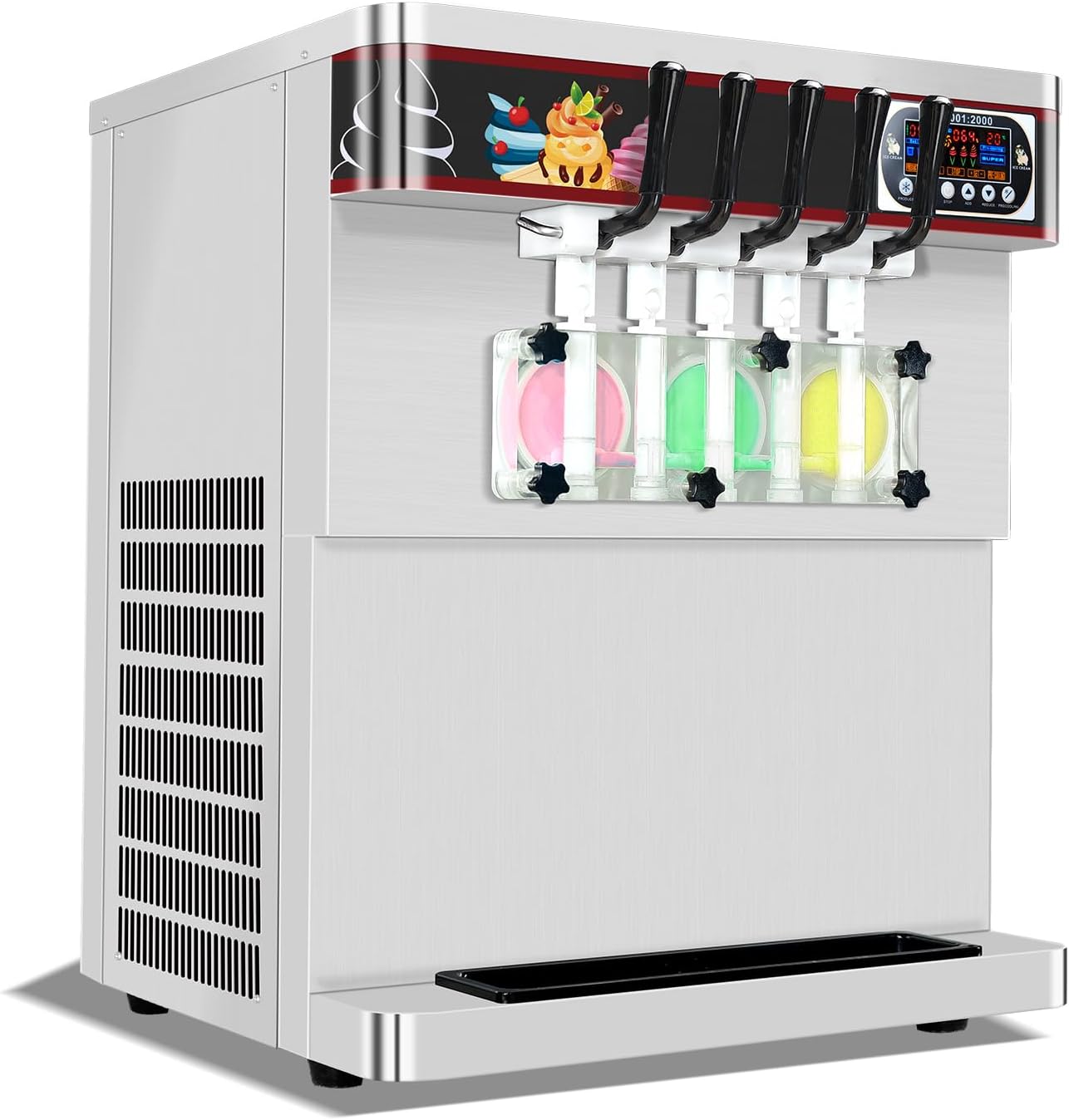 Commercial 5（2+1 mixed）Flavors Soft Ice Cream Machine,Desktop Soft Serve With LED Display Yogurt Machine,Upper Tanks With Mixer And Refrigerated,Auto Counting And Washing-2000W,21-27Quart/Hour