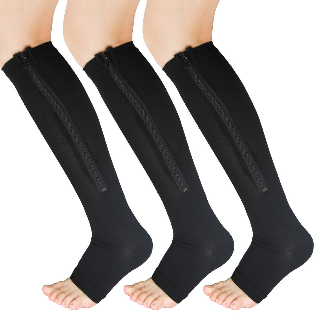 YUSHOW 3 Paar Kompressionsstrümpfe Damen Herren Stützstrümpfe 15-20 mmHg | mit Reißverschluss Medizinisch Kompressionssocken Offenen Zehen Compression Socks für Ödeme, Sport, Laufen