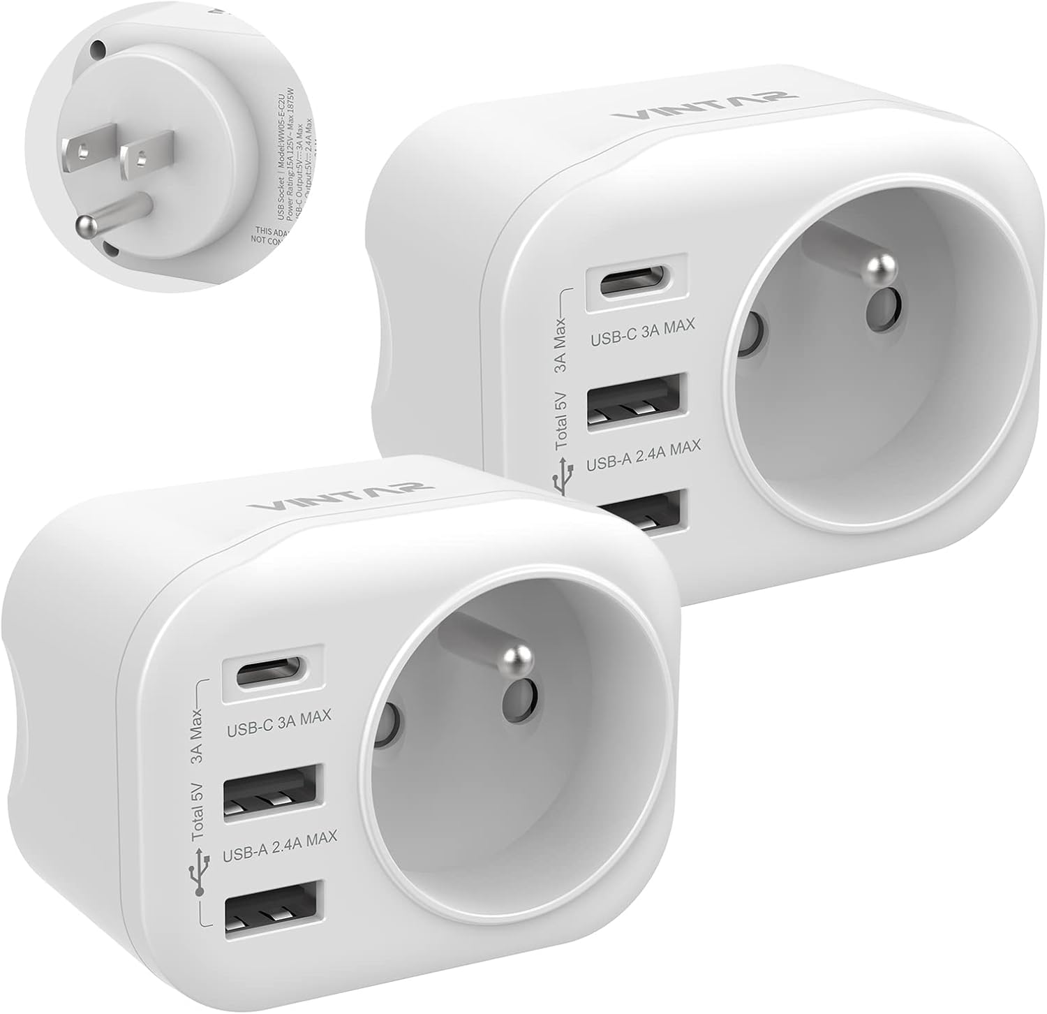 VINTAR 2PC Adaptateur Prise Americaine USA Canada Française Adaptateur de Voyage avec 2 USB-A et 1 USB-C 3A, Adaptateur Prise France vers USA Canada Mexique Thaïlande, Type B