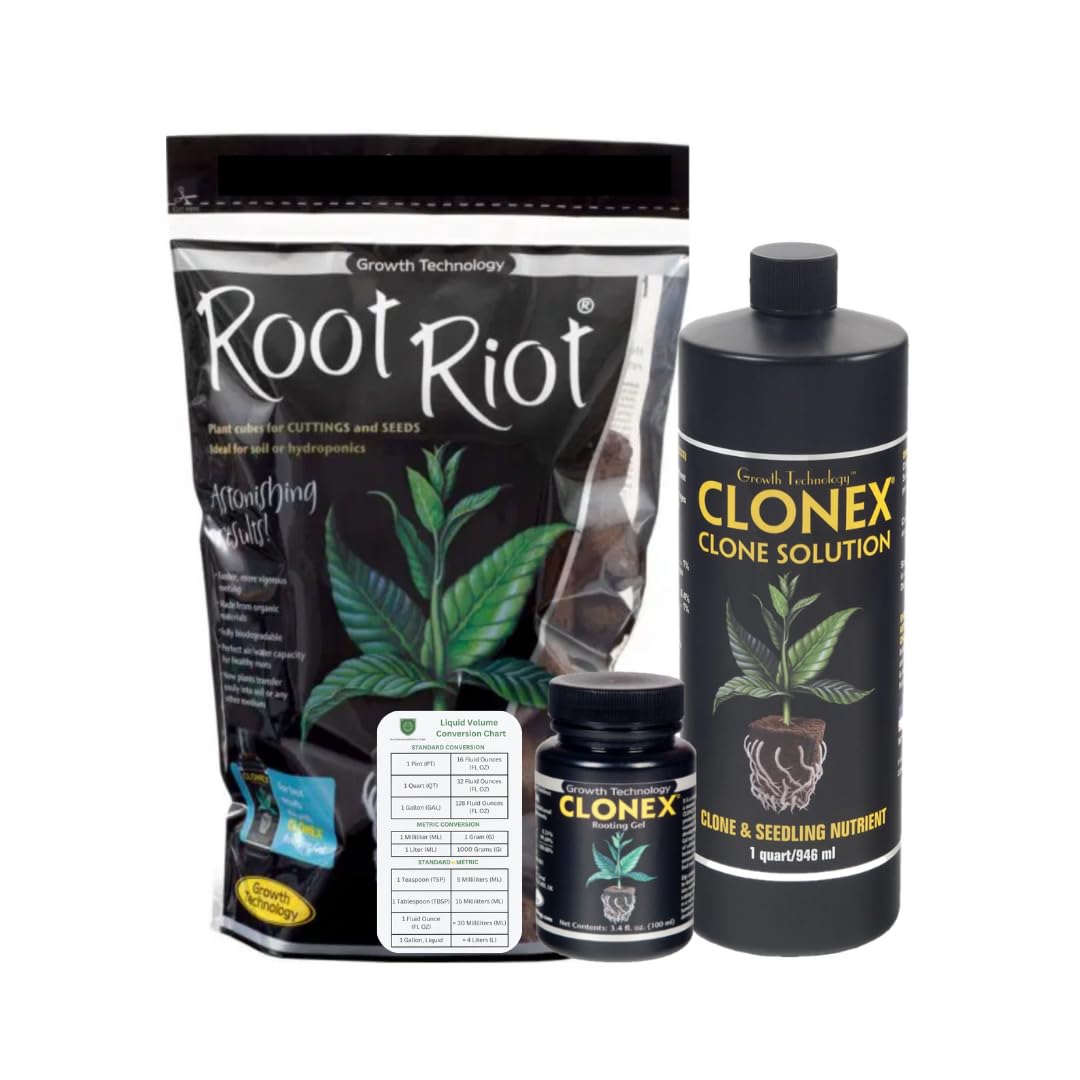Root Riot 100ct Cubes, CloneX Gel 100mL, CloneX Solution Qt (Bundle Pack) + Platinum Horticulture Metrics Chart