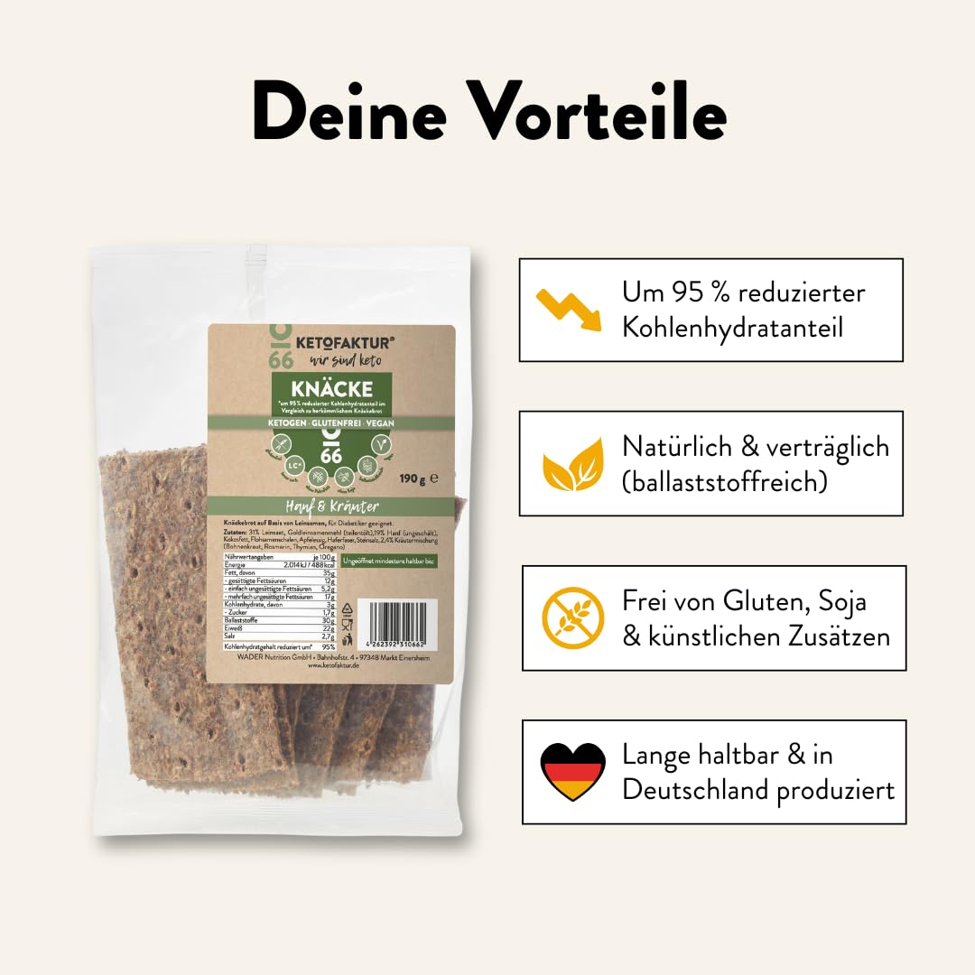 Keto Knäckebrot Knäcke No66 - Hanf & Kräuter - Lower Carb Knusperbrot ohne Zucker & Kohlenhydrate - High Protein Cracker für ketogene Ernährung - Low Carb Keto Snack - 190g - 5er Pack (insg. ca. 950g)