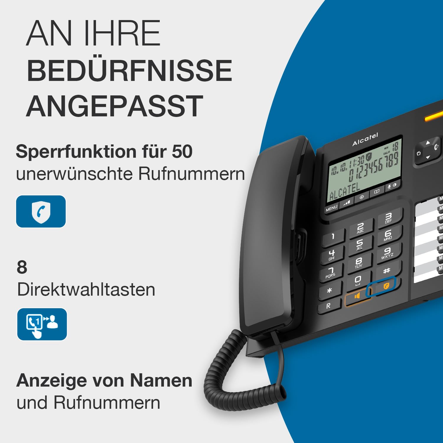 ALCATEL T78 - Schnurgebundenes Festnetztelefon - Großes alphanumerisches Display - Freisprechfuntion - Anrufsperre - Visuelle Anrufanzeige - Wahlwiederholungstaste - 8 Direktwahltasten -Schwarz