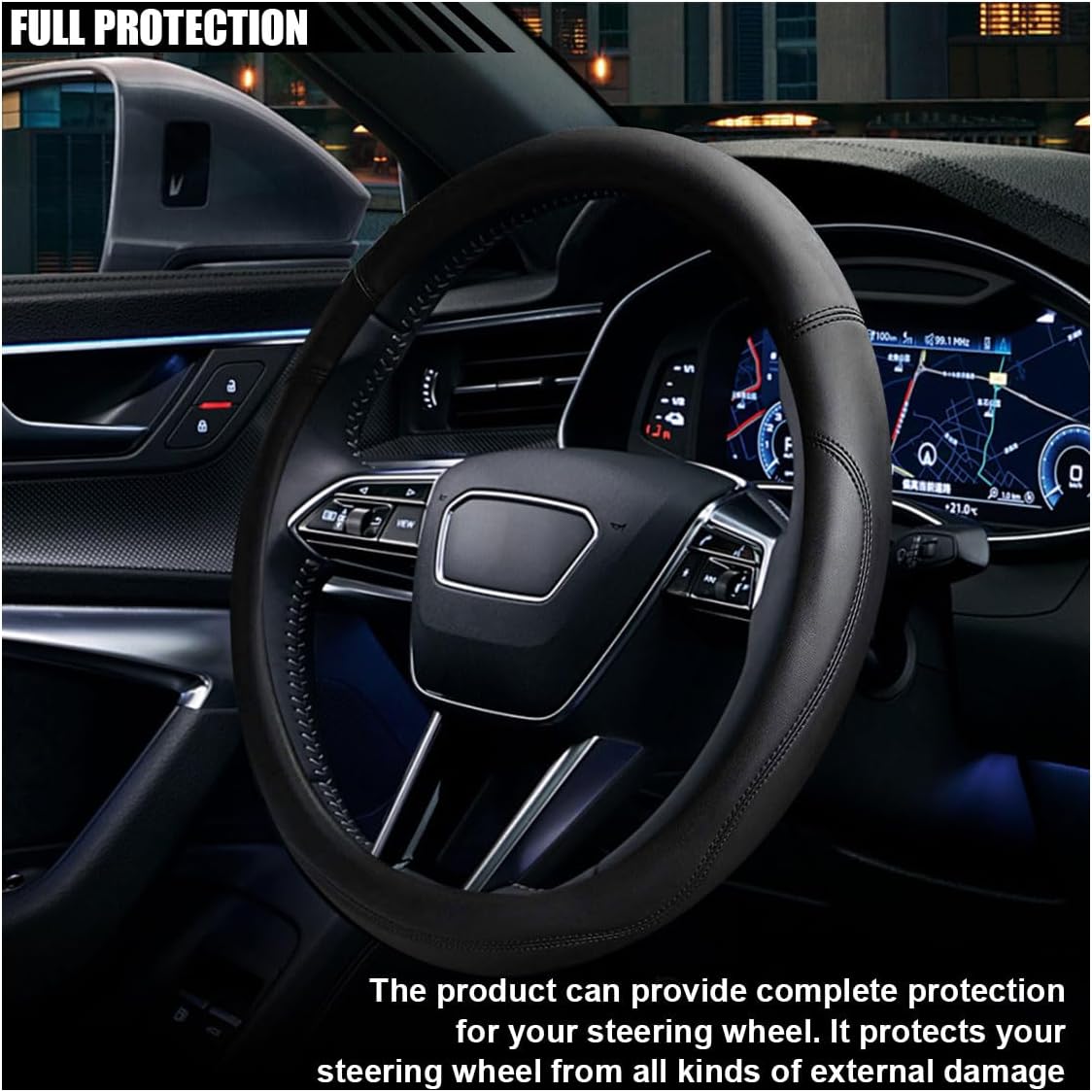 LAINLOY 14.5"-15" Car Steering Wheel Cover, Microfiber Leather Cover, Anti-Slip Breathable Steering Wheel Decoration, Universal Steering Wheel Accessories for Diverse Cars (Black)