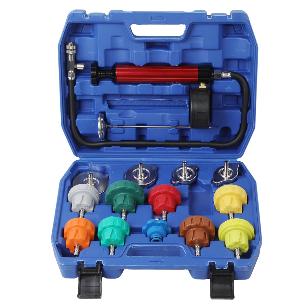 Radiator Pressure Tester Kit, Coolant Pressure Tester for Automotive Cooling System Water Tank Leakage Detection (Universal Fit 15PCS) Blue 15PCS