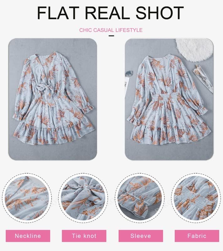 Dokotoo Womens 2023 Summer Deep V Neck Knotted Tiered Chiffon Elegant Mini Short Swing Skater Dresses
