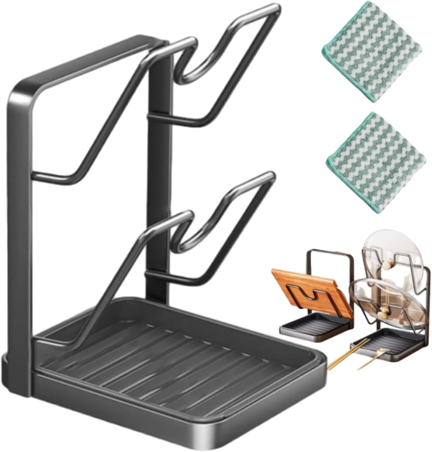 Kitchen Pot Lid Storage Rack, Pot Lid Organizer Rack While Cooking, Multifunctional Kitchen Pot Cover Organizer for Countertop, With Removable Drip Tray, Stainless Steel Pot Lid Holder