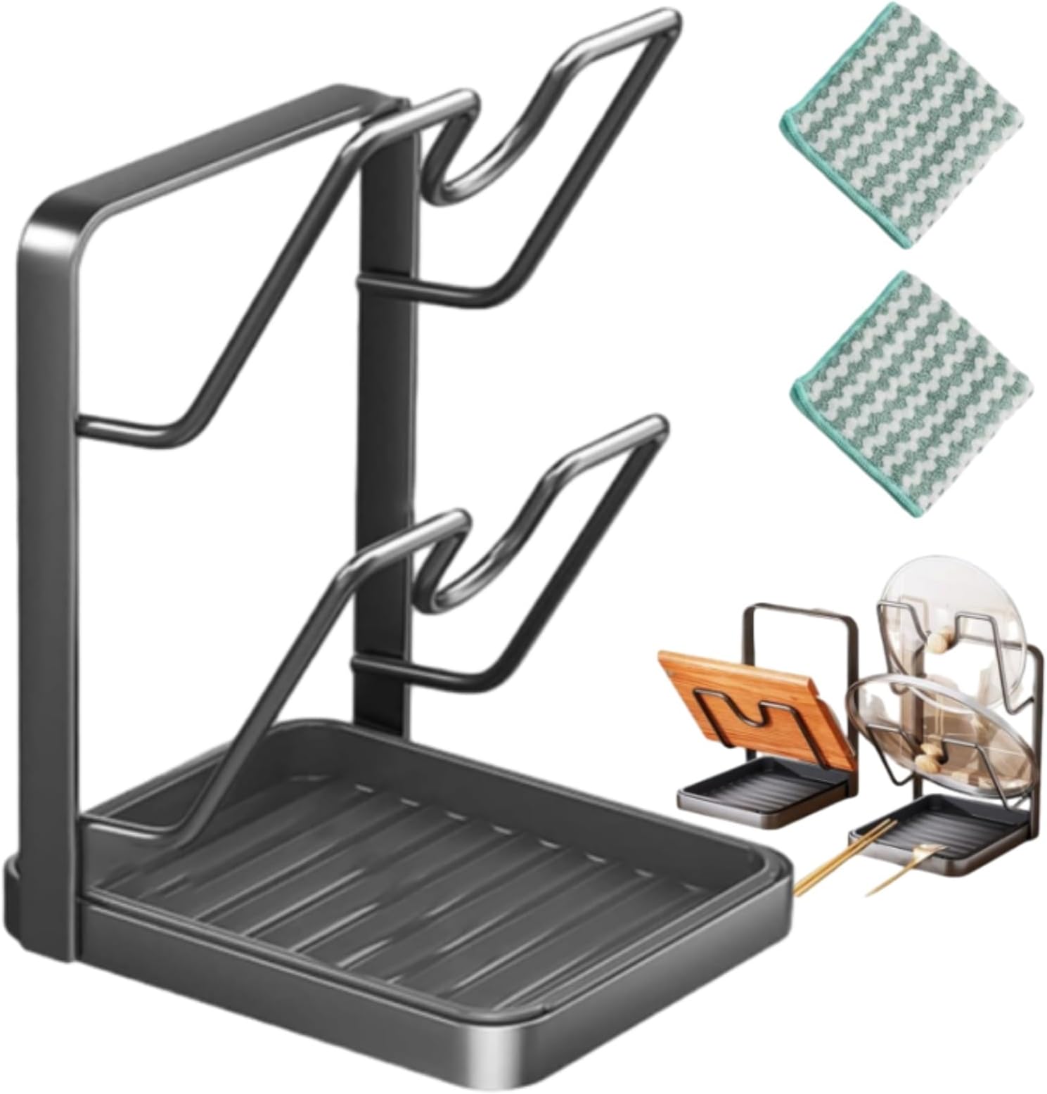Kitchen Pot Lid Storage Rack, Pot Lid Organizer Rack While Cooking, Multifunctional Kitchen Pot Cover Organizer for Countertop, With Removable Drip Tray, Stainless Steel Pot Lid Holder