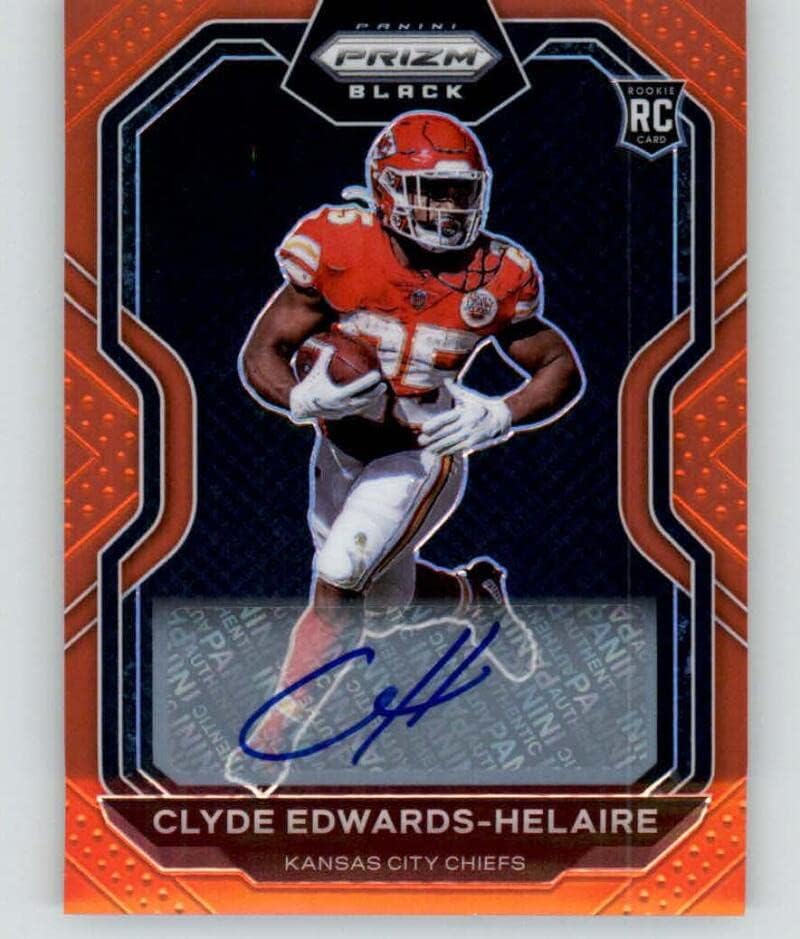2020 Panini Chronicles Prizm Black Orange Prizm Autograph #PB-5 Clyde Edwards-Helaire RC Rookie AUTO /75 NFL Football Trading Card Kansas City Chiefs