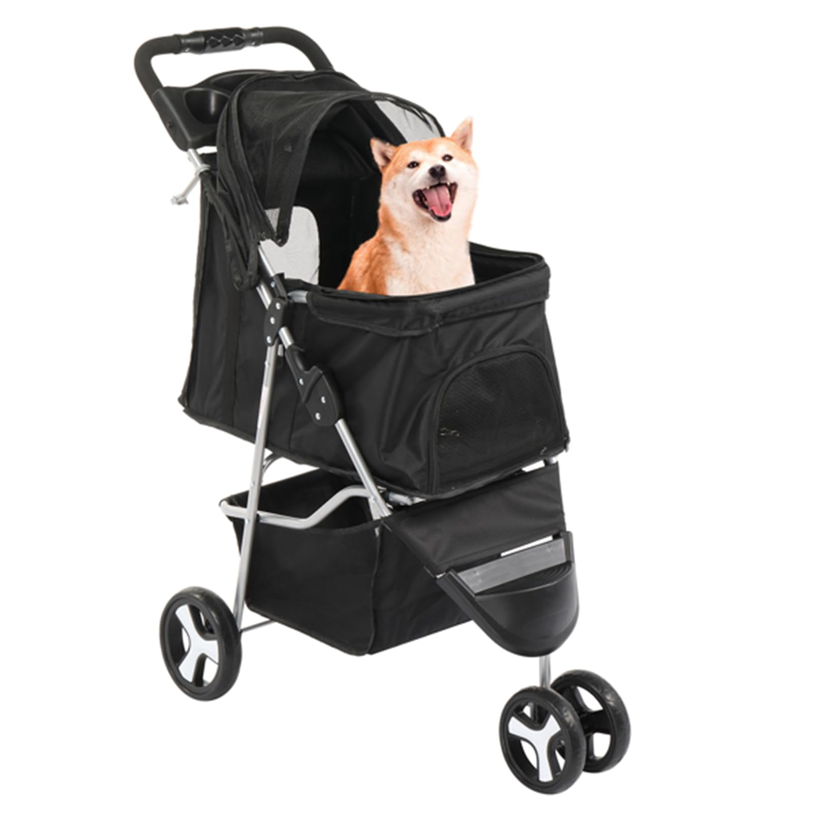 3 Wheel Dog Stroller Pet Stroller Pet Supplies with Rain Cover Cup Holder Foldable and Removable Pad Aluminum