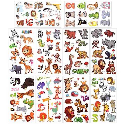 10 Feuilles Tatouages Temporaires d'Animaux Sauvages pour Enfants, Tatouages de Jungle Plus de 100 Styles Autocollants de Tatouages d'Animaux de Zoo pour Fête de Safari Jungle Anniversaire Cover