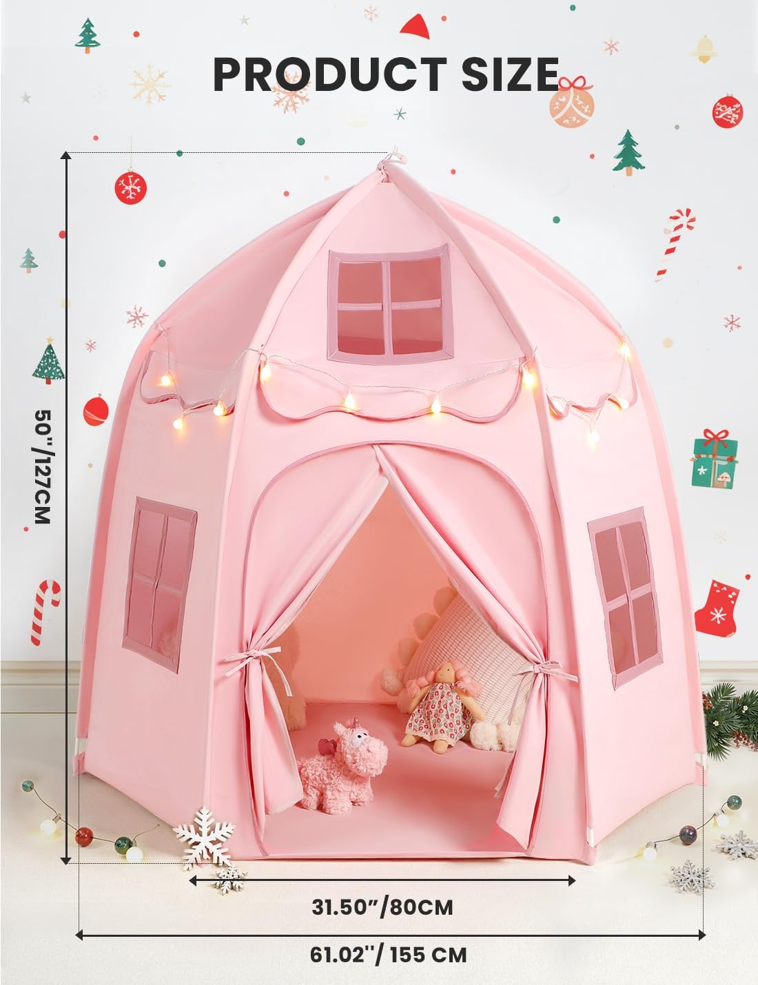 besrey Kids Play Tent, Large Kids Playhouse with 1 Door & 3 Windows, Children's Fort with Star Lights, Indoor & Outdoor Playhouse, Hexagonal Toddler Tent, 61" x31.5" x 51", Pink