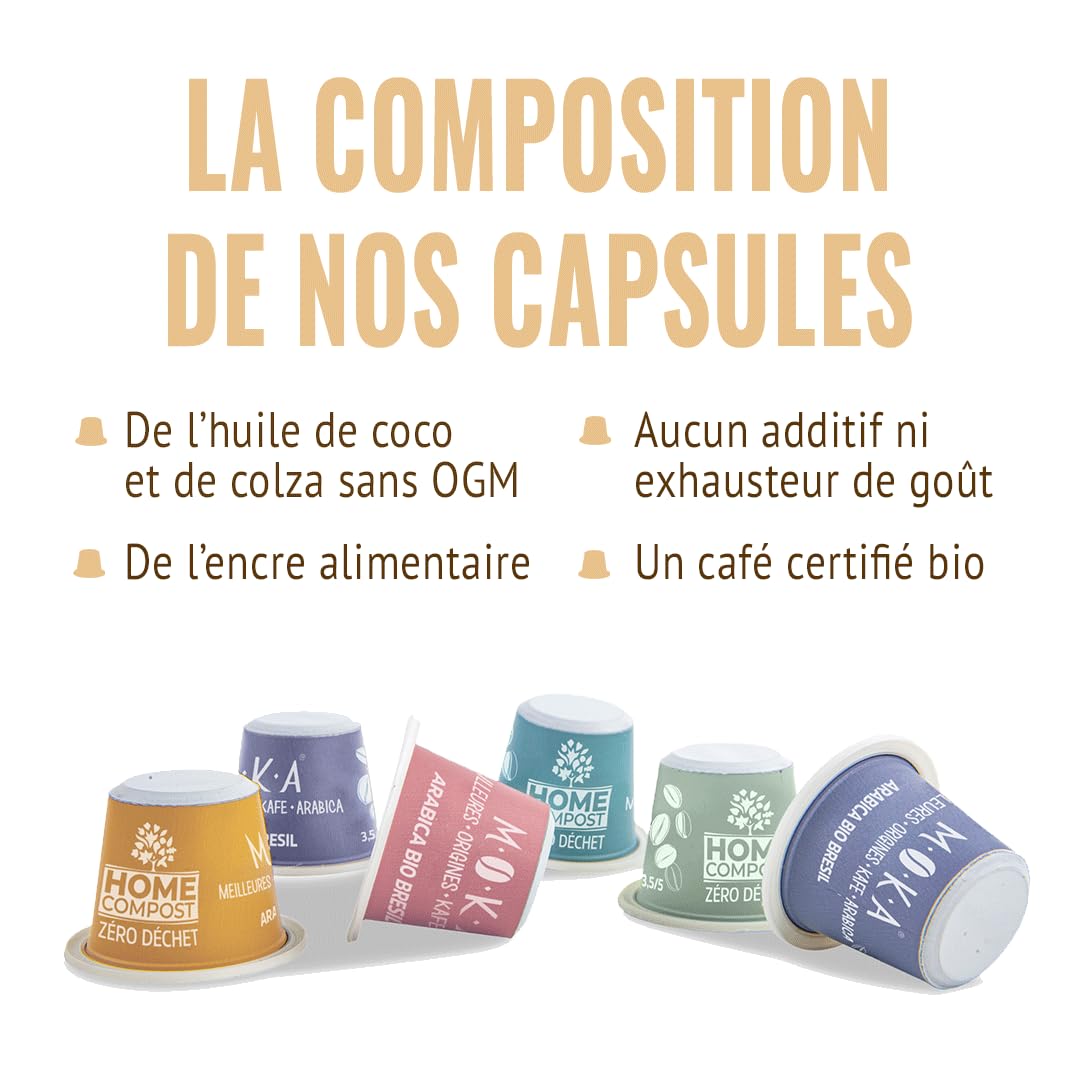 MOKA - 100 Capsules Café Bio d’excellence 100% Pur Arabica du Pérou Bio (10*10) - Délicat et Fruité - Compatibles avec Nespresso - Intensité 6 - Home Compost - Expresso et Lungo - Torréfié en France