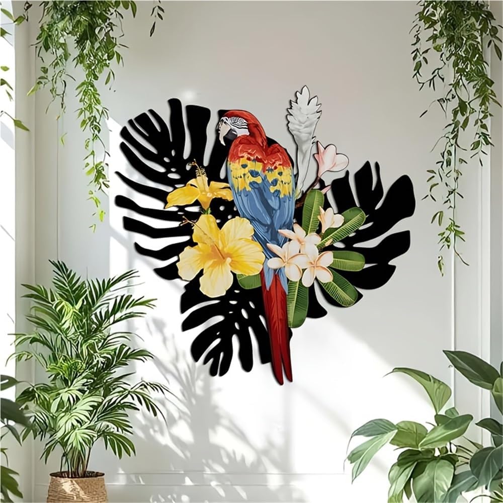 Tropical Macaw Parrot Wall Decor - 15.74-Inch Colorful Red, Blue, Yellow & Green Iron Sculpture with Hibiscus Flowers, Sturdy Indoor/Outdoor Metal Art for Living Room, Garden